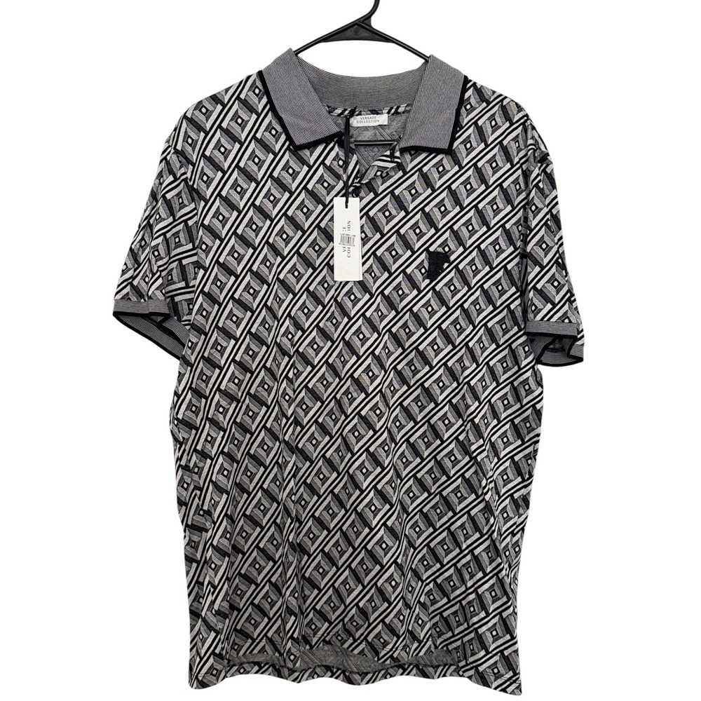 Versace Collection Mens Geometric Knit Polo Shirt Black White Medusa XL V800649